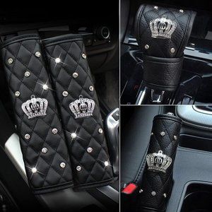 4PC Crown Leather Crystal Diamond Rhinestones Car Accessories
